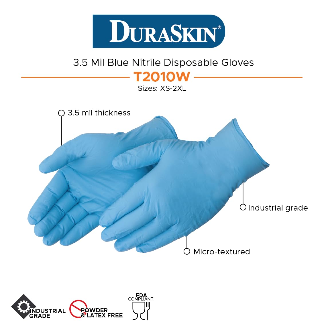 Liberty Safety DuraSkin T2010W Nitrile Disposable Gloves, 3.5 Mil - Blue, Large | Powder-Free, Micro-Textured, Industrial Grade | for Janitorial