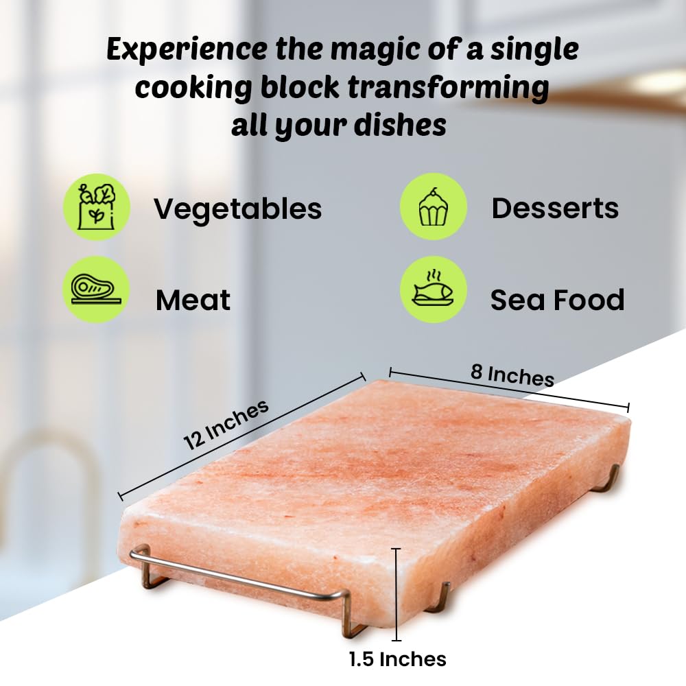 Himalayan Salt Block Cooking Plate 12x8x1.5 for Cooking, Grilling, Cutting and Serving, with Steel Tray & Recipe booklet Unique Gifts for Men, Women