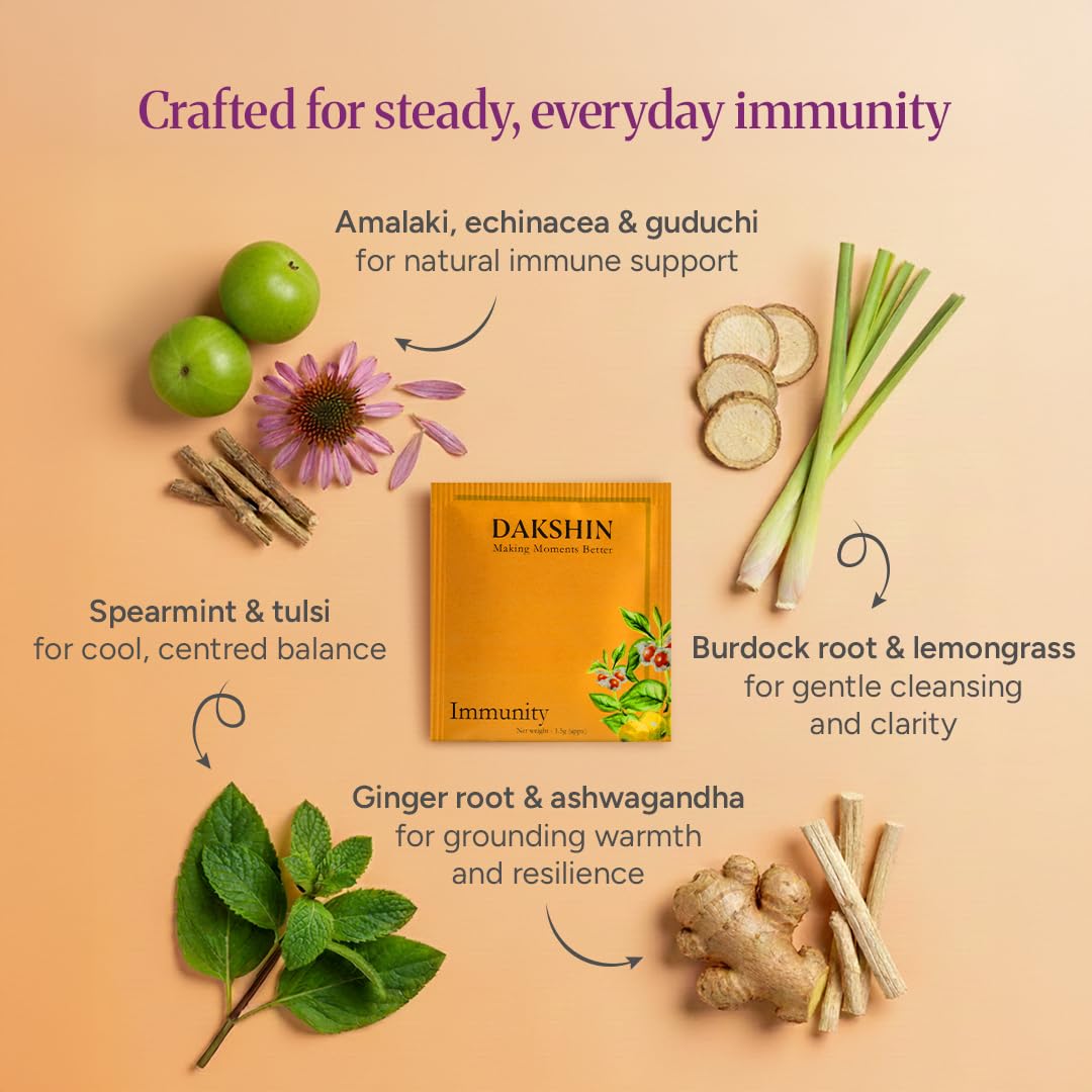 DAKSHIN Organic Immunity Tea Bags | Ashwagandha, Amalaki, Echinacea, Tulsi & Guduchi | Ayurvedic Daily Wellness Tea | Caffeine-Free | USDA Organic |