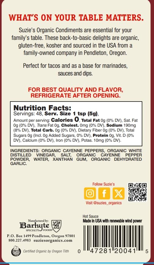 Suzie's Organic Hot Sauce - 8 fl oz | USDA Organic, Non-GMO, Gluten-Free - Bold & Spicy Sauce Made with Clean Ingredients - No Artificial