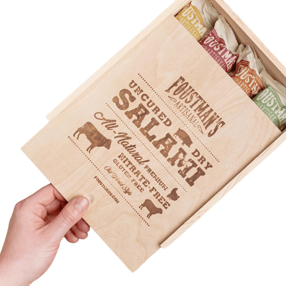 Foustman's Salami Wooden Gift Box, Artisan, Nitrate-Free, Naturally Cured, Flavors - San Francisco Style Pork, Cabernet Wine, Beef, and Pepperoni