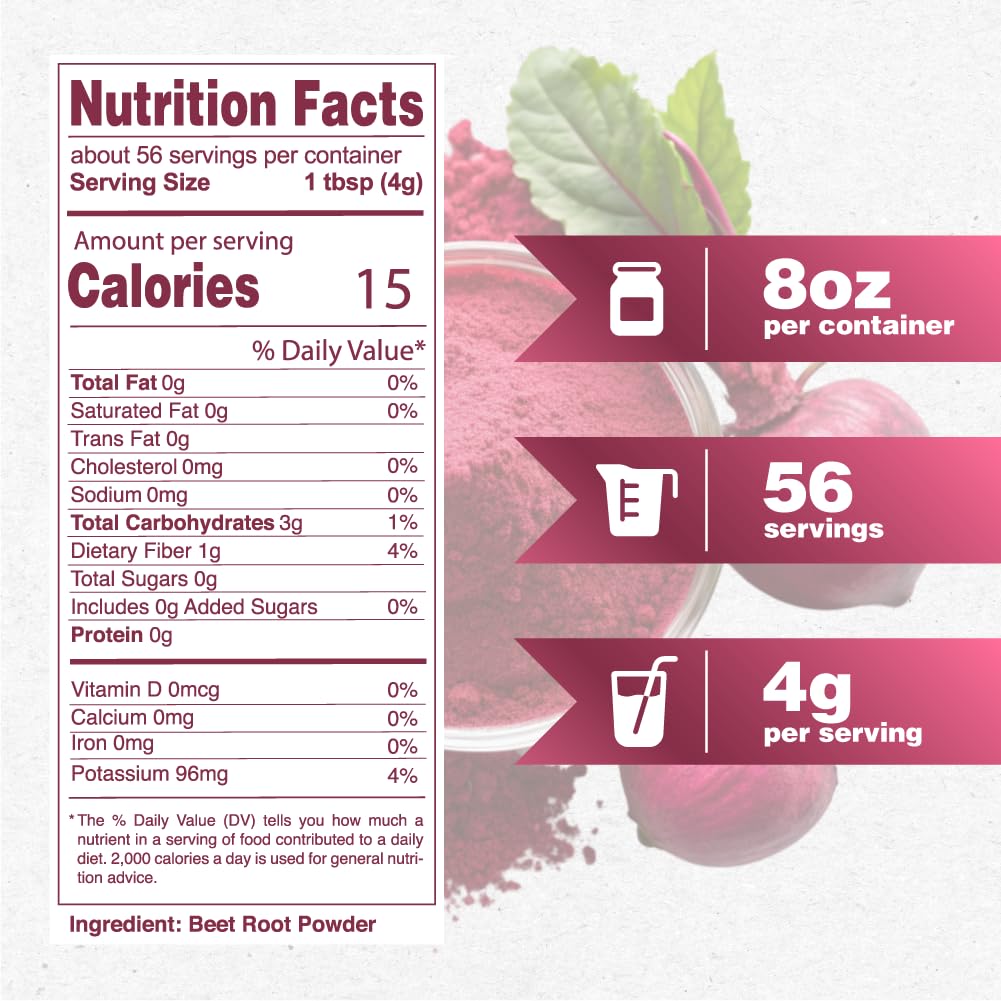 NPG Beet Root Powder 8 Oz, 100% Pure Raw Red Beetroot Superfood for Baking, Juices Drink, Smoothies, Vegan, Non-GMO, No Added Sugar, No Preservatives