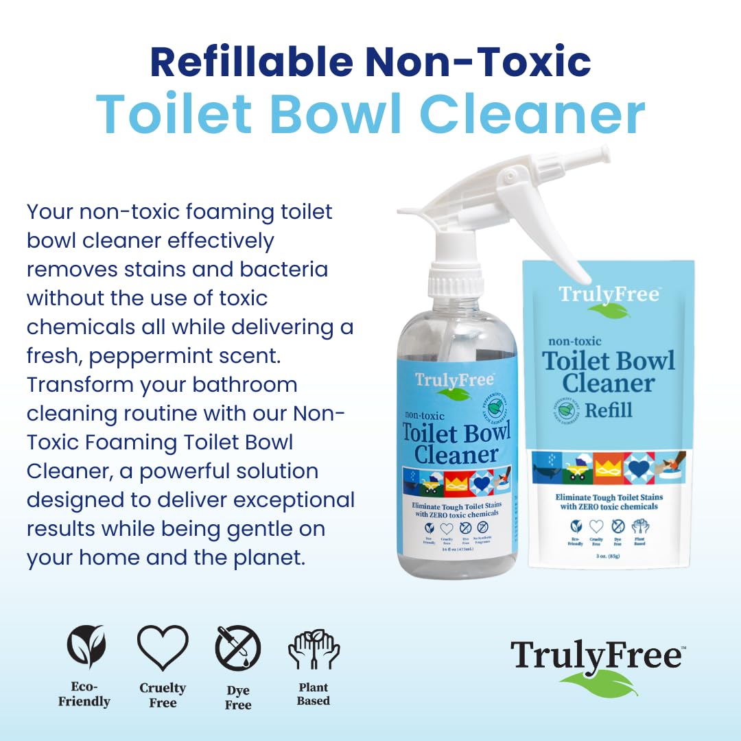 Truly Free Toilet Bowl Cleaner - Heavy-Duty Stain Remover - Septic Safe, Plant-Based Formula - Fresh Peppermint Scent - 16 oz Reusable Empty Bottle +