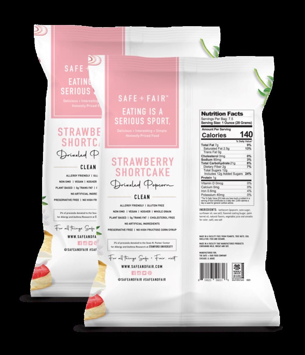Safe + Fair Food Company Plant-Based Gourmet Strawberry Flavored Popcorn - Strawberry Shortcake Drizzled Kettle Corn Popcorn - Non-GMO + Gluten-Free