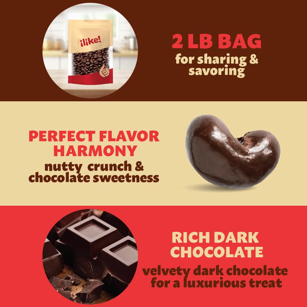 Dark Chocolate Covered Cashews 2-Pound Bag | Bulk Dark Chocolate Nuts | Coated Roasted Cashews for Snacking, Gifting, Office Candy Jars & Dessert