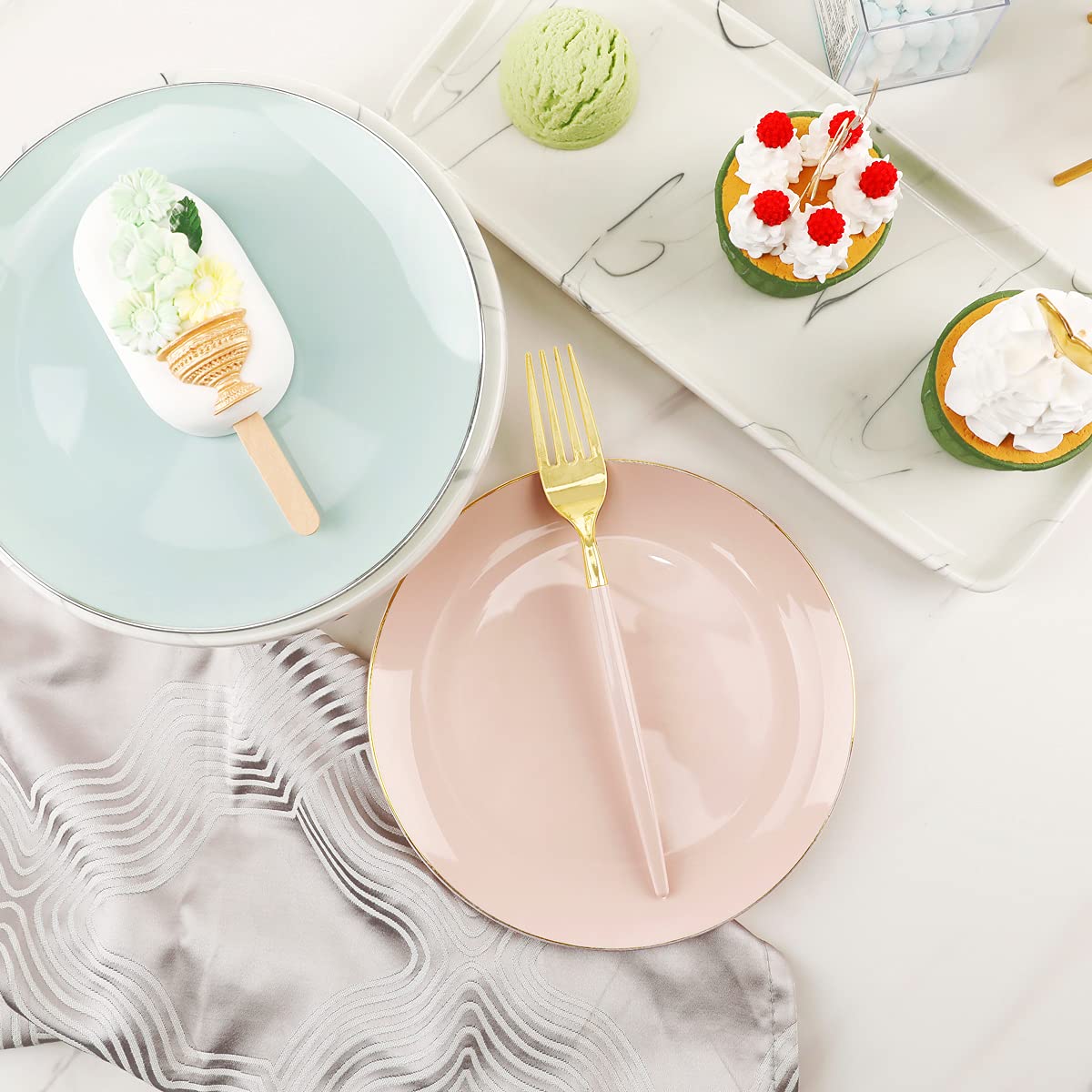 LIYH 96 Pcs Pink and Gold Disposable Plastic Dessert Plates and Forks Set - 7.5" Plastic Appetizer Plates & 9" Gold Cake Forks for Tea Parties