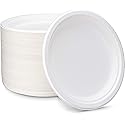 Enviroware 9 inch Round Disposable White Bagasse Dinner Plate, 100% Compostable Natural Sugarcane Fibers, Heavy Duty Leak-Proof Environmentaly