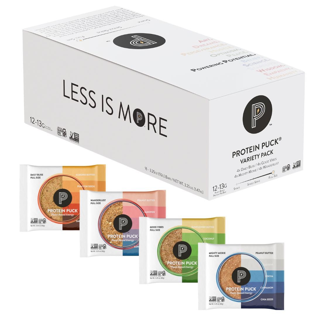 Protein Puck Plant Based Bars | Snacks with Vegan Protein | 16 Count | 3.25 oz Full Size | Gluten Free, Non Dairy, Kosher Certified Non GMO Premium