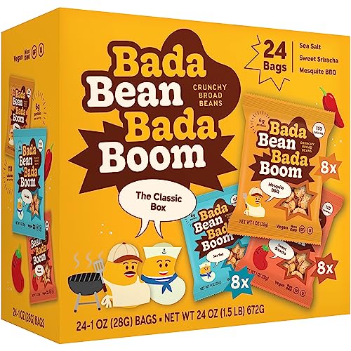 Bada Bean Bada Boom Plant-Based Protein, Gluten Free, Vegan, Crunchy Roasted Broad (Fava) Bean Snacks, 110 Calorie Packs, The Classic Box Variety