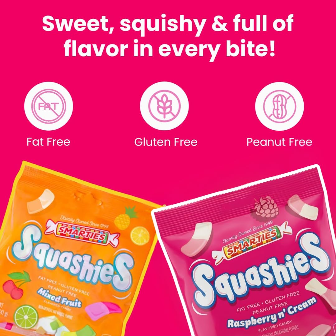 Smarties Squashies Variety Pack Foam Marshmallows Gummy Candies - Raspberry & Cream and Mixed Fruit Flavored - Allergen Free, Peanut Free & Gluten