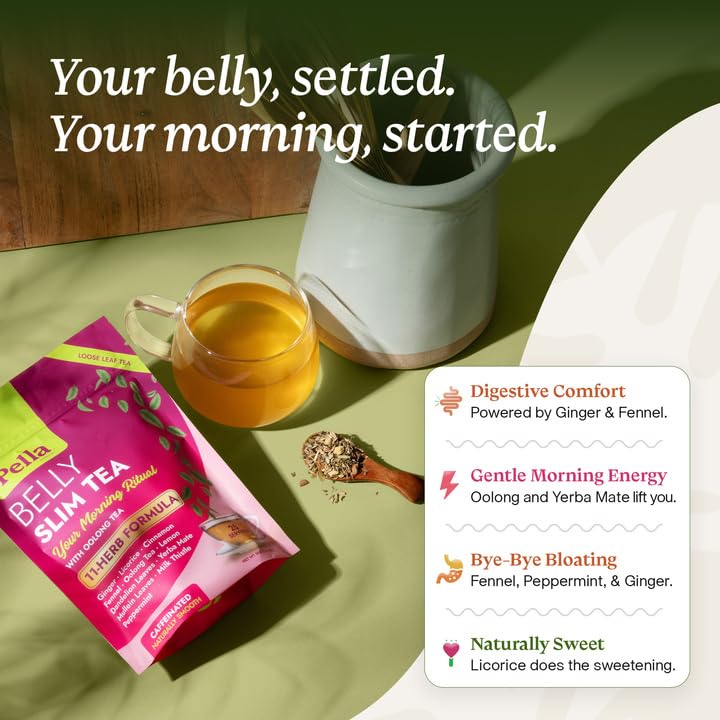 Belly Slim Tea - 11-Herb Formula with Ginger Licorice Cinnamon Fennel Oolong Lemon Dandelion Yerba Mate Mullein Leaves Milk Thistle & Peppermint
