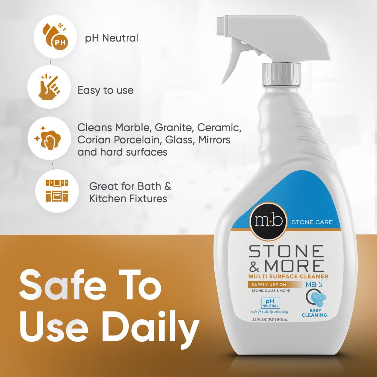 MB-5 Stone & More, All Purpose Cleaning Spray Kitchen Counter Cleaner Spray for Marble and Granite- No Streak Formula for Stone, Glass, Granite