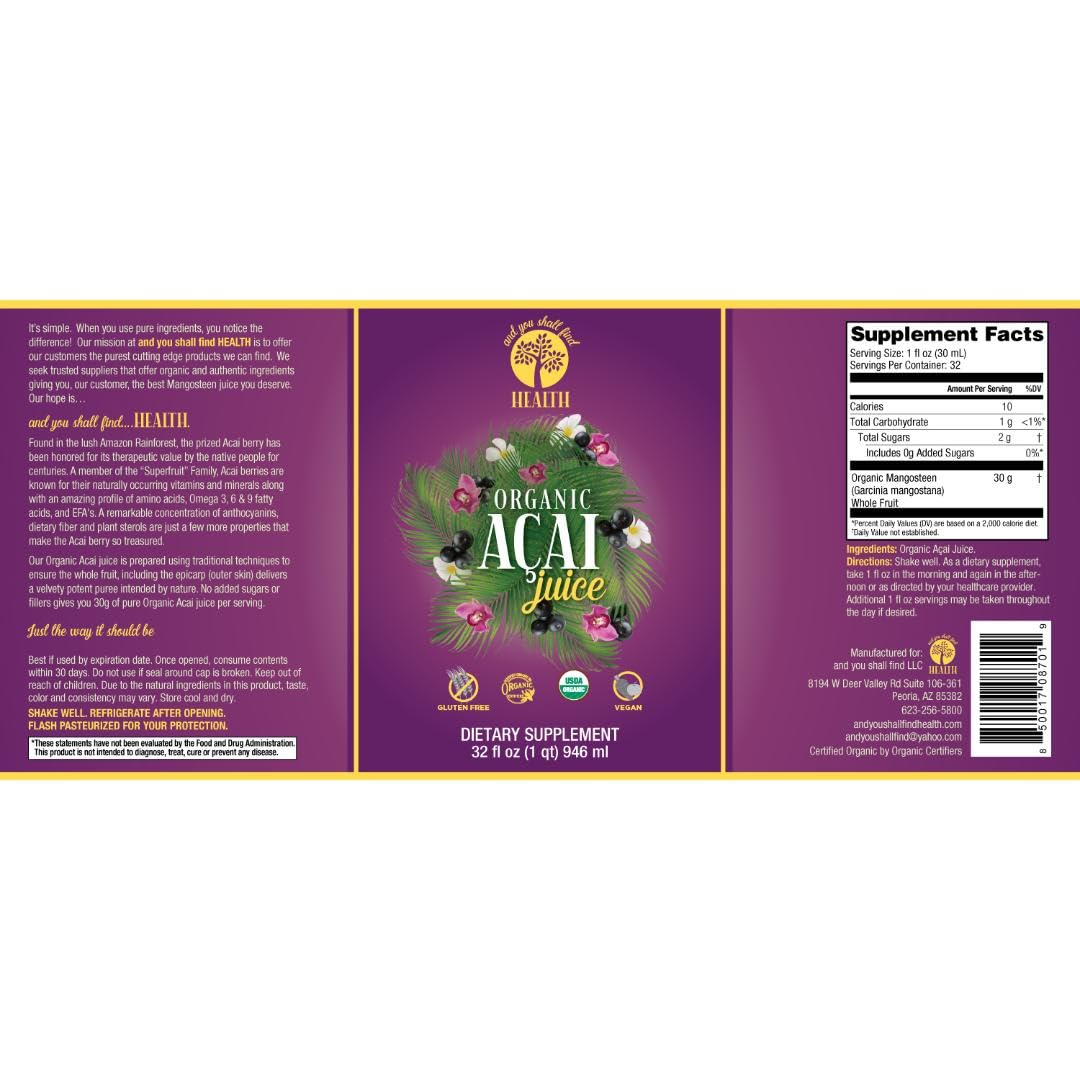 Organic Only ACAI 100% Pure Juice 32oz (1qt) Vitamin, Antioxidant & Omega Rich Liquid Fruit Puree 30g of Whole Superfruit Per Serving Gluten-Free