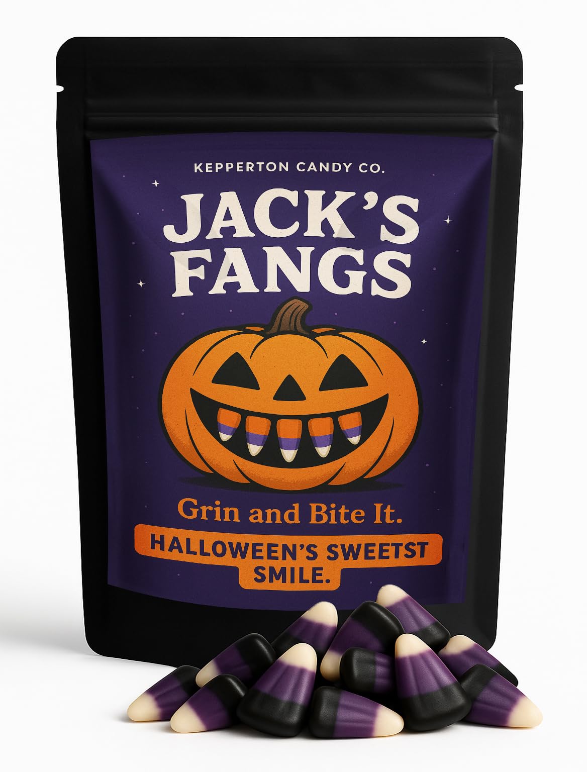 Kepperton Jack’s Fangs - Pumpkin Teeth Halloween Candy Corn - Gourmet Berry Cobbler Flavor - Purple & Orange Spooky Candy for Trick or Treat, Parties