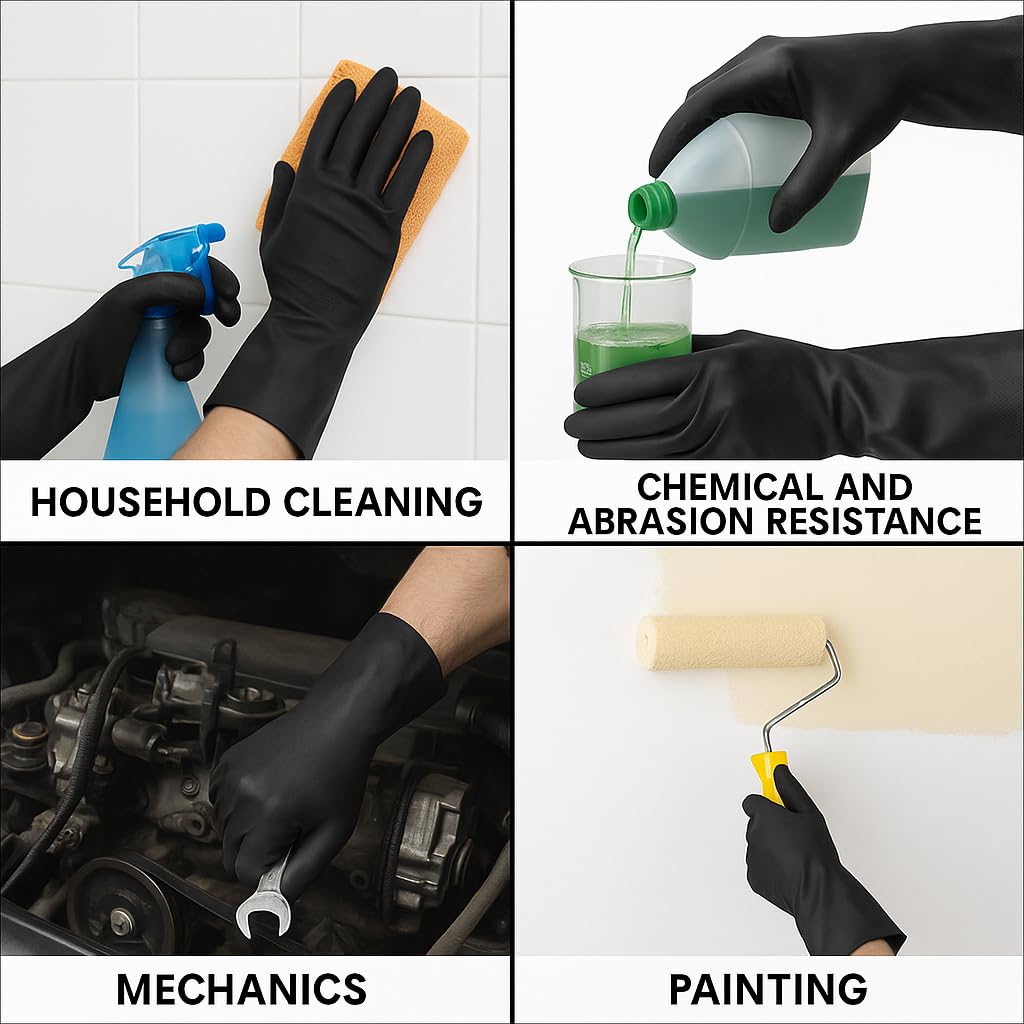 Tribello LIBMAN Heavy Duty Black Rubber Gloves - Chemical Resistant Glove - Reusable Mechanics Grip Gloves - Industrial, Cleaning, Dishwashing