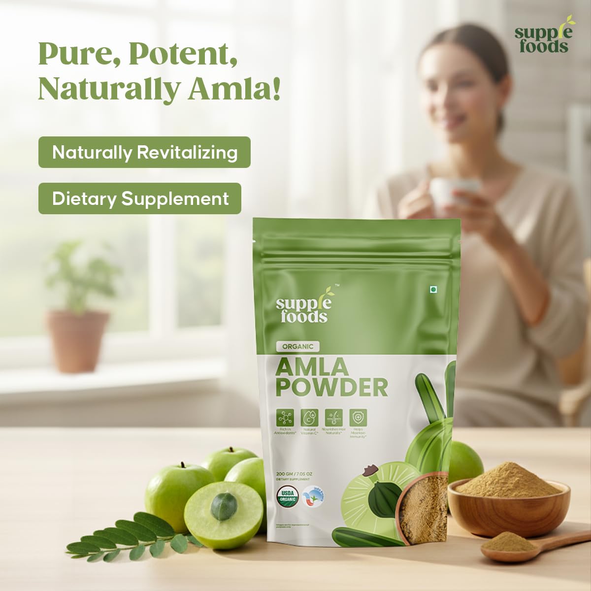 Supplfoods Organic Amla Powder 200g (7.05 oz) - Amla (Indian Gooseberry) Powder | USDA Organic Superfood Supplement for Digestion, Immunity & Skin