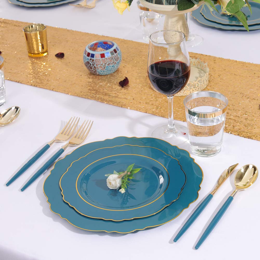 Nervure 100PCS Teal Plastic Plates With Gold Rim & Gold Disposable Silverware with Teal Handle Include 40 Plates, 60 Plastic Sivlerware for Party