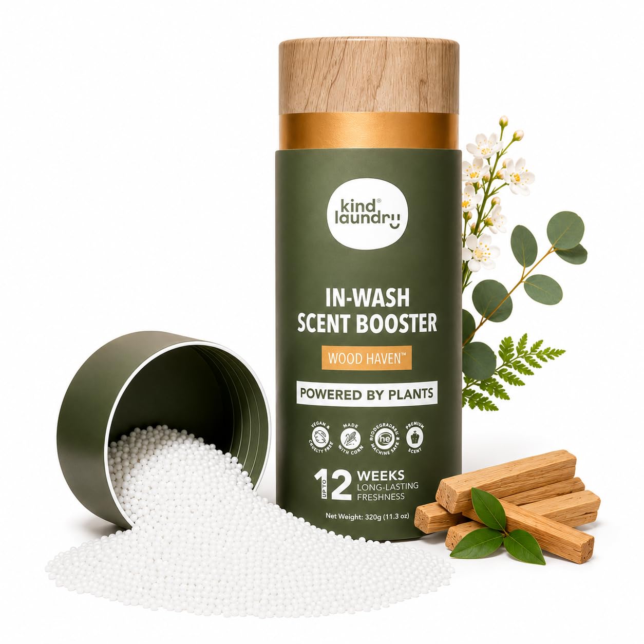 Kind Laundry In Wash Scent Booster Beads - Wood Haven - 100% Plant Based - Natural Laundry Booster Beads & Smell Deodorizer - Environment Friendly