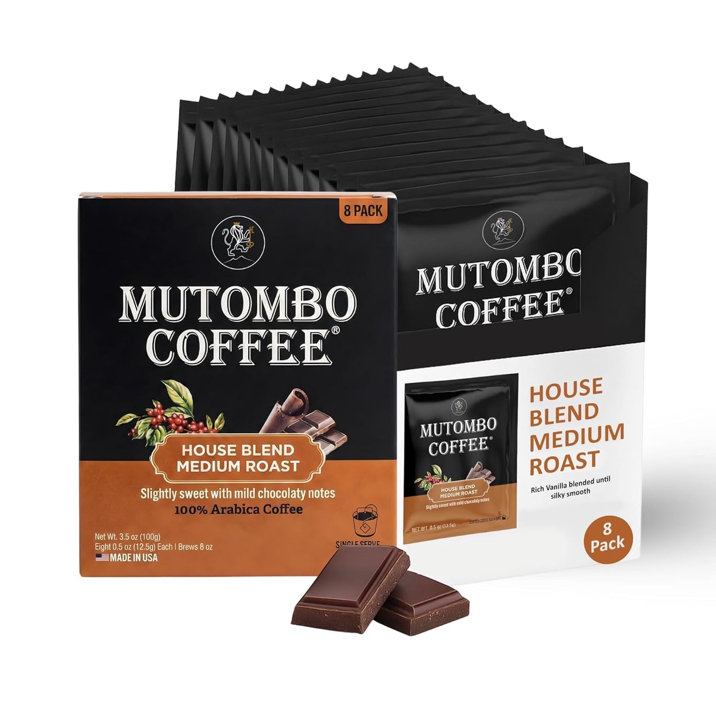 Mutombo Medium Roast Coffee Sachets | Single Serve Pouches | House Blend Coffee Packets | 0.5oz (12.5g) | Gourmet Balanced Acidity, 100% Arabica