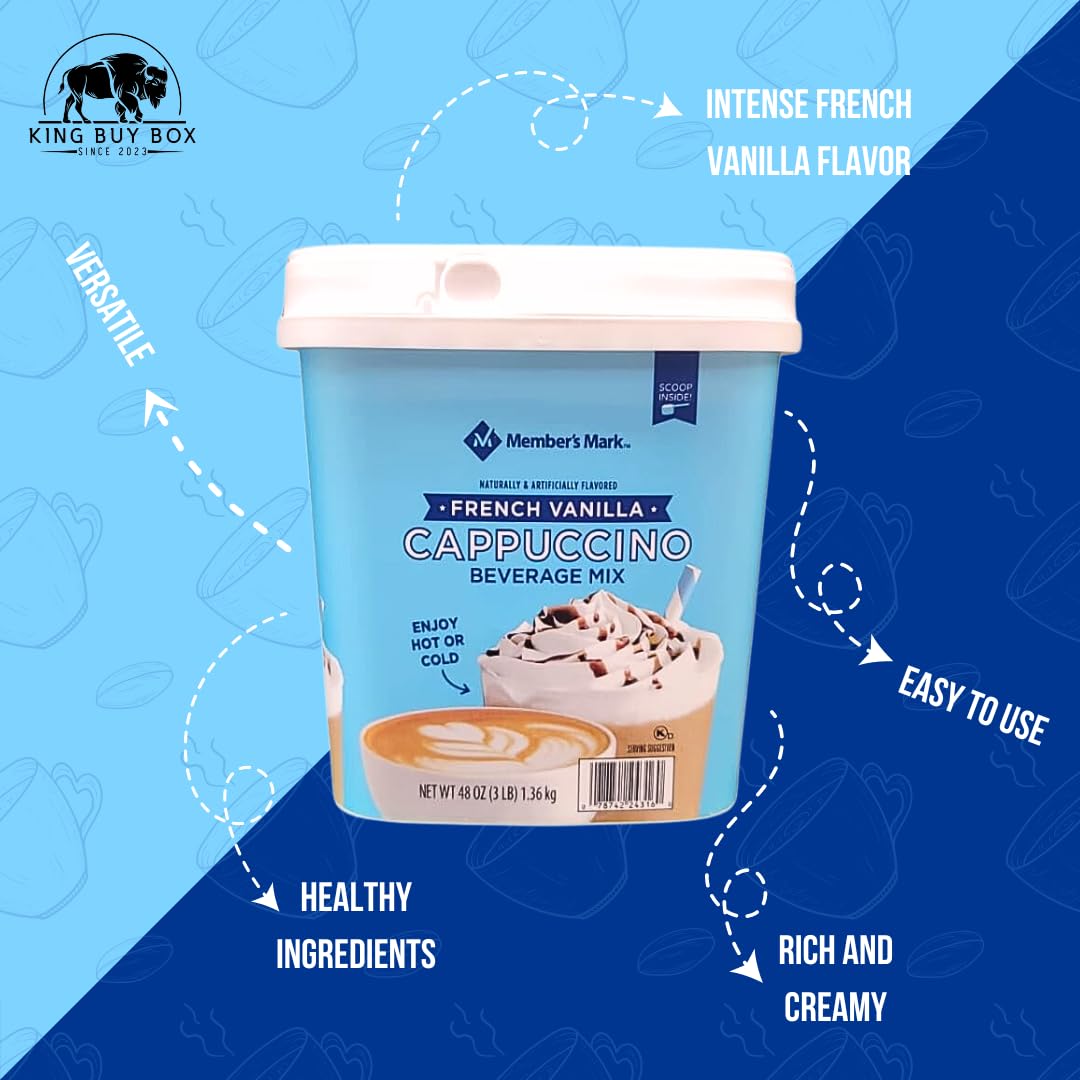KING BUY BOX 1 PCS cup Bundle with French Vanilla Cappuccino Beverage Mix, 48 oz. 3PACK compatible with Members Mark