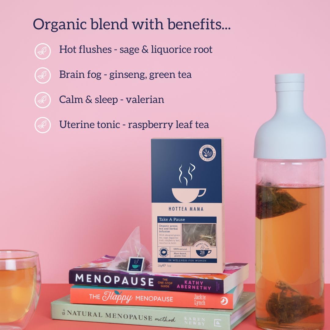HOTTEA MAMA | Take A Pause | Menopause Support Tea | Green Tea, Ginseng, Sage, Valerian, Raspberry Leaf | 14 Whole Leaf Biodegradable Bags (28 Cups)
