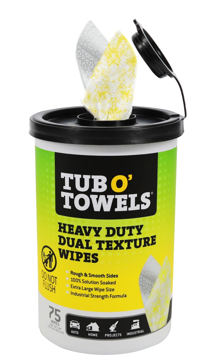 Tub O' Towels TW75 Heavy-Duty Multi-Surface Cleaning Wipes - Dual Texture 10" x 12" XL, 75 Count - Removes Grease, Tar, Oil, Paint, Ink & Tough Stains