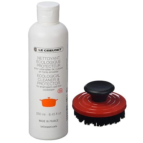 Le Creuset 2-Piece Cleaning Set, Nylon Brush Kitchen Product, 3.25", Cerise with Enameled Cast Iron 8.45 fl. oz. Cookware Cleaner