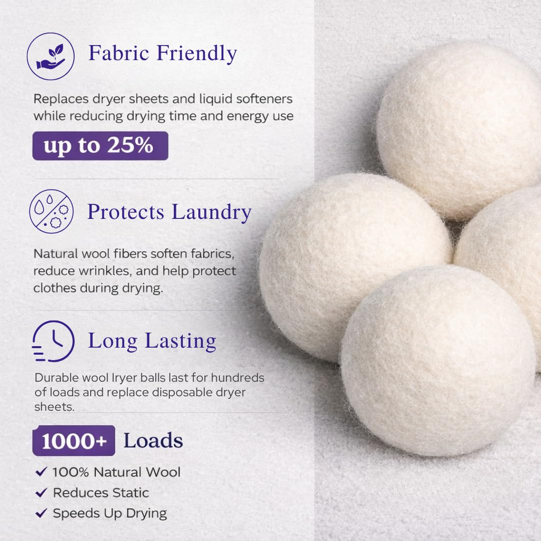 Wool Dryer Balls 6-Pack Set | Natural Fabric Softener Alternative | Reusable Laundry Balls | Eco Friendly Static Reduction