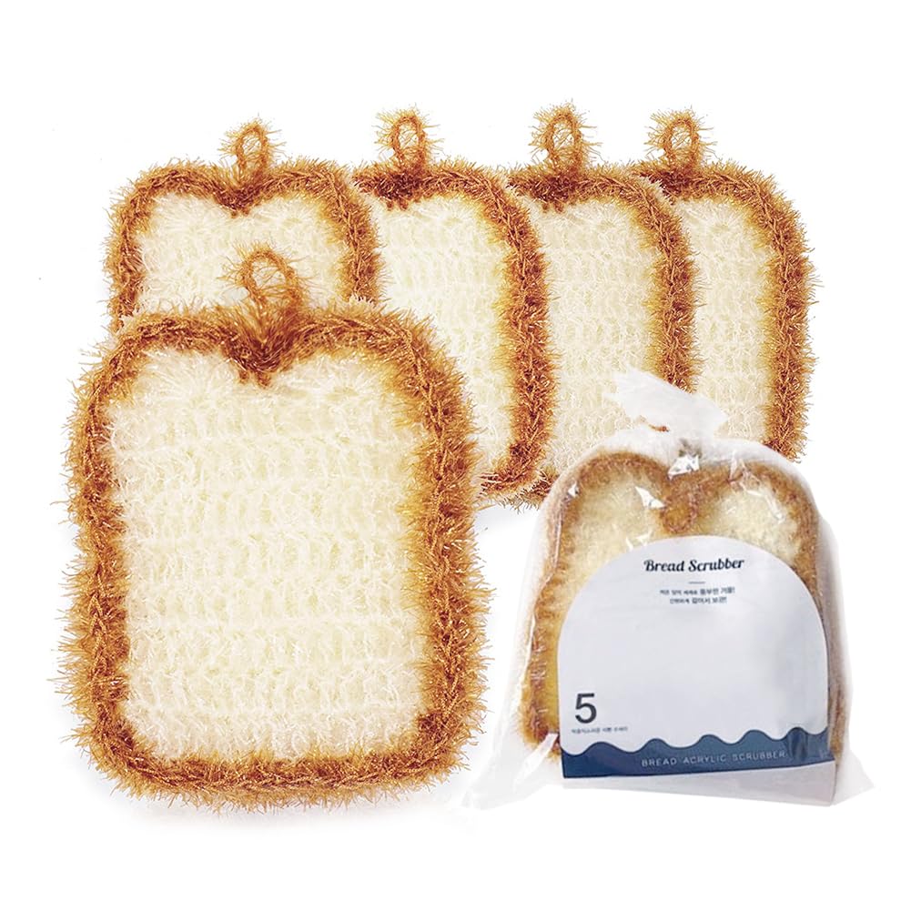 5 Pcs Cute Crochet Scrubbers, Toast Shaped No Odor Non-Scratch Reusable Scrub for Kitchen and Household Use Double Layered Scrubbers Cleaning Wash