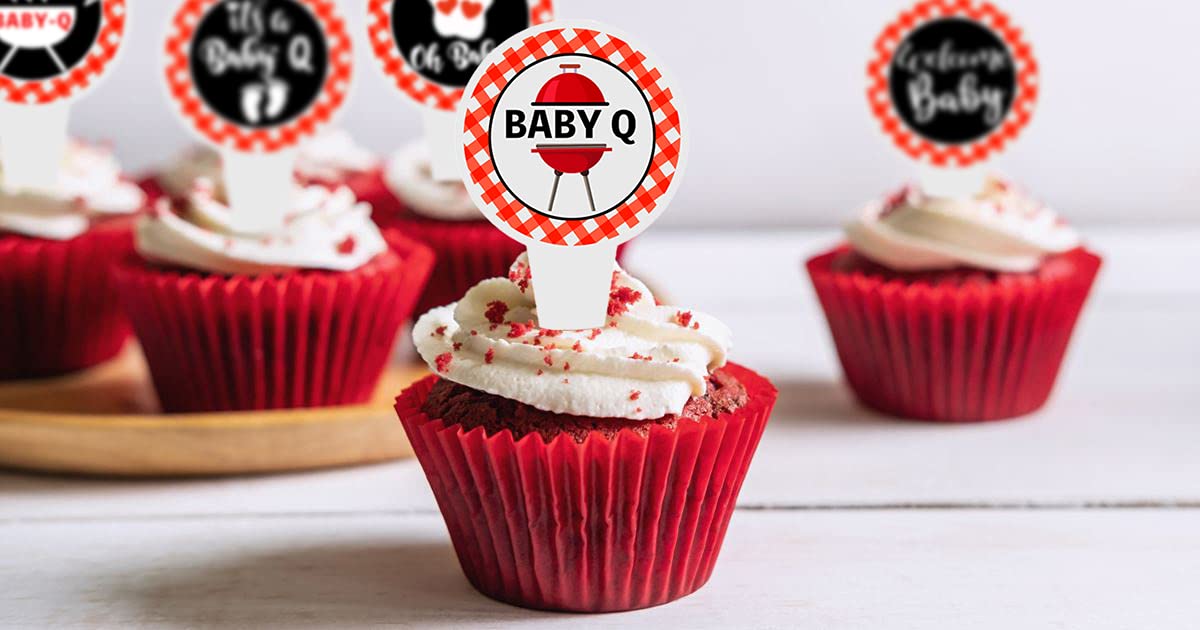 Deneo 40 Pcs Baby Q Cupcake Topper - Pastel Patterned, 2" x 3.2", Perfect for Baby Shower, Birthday, Summer Barbecue & Picnic Parties