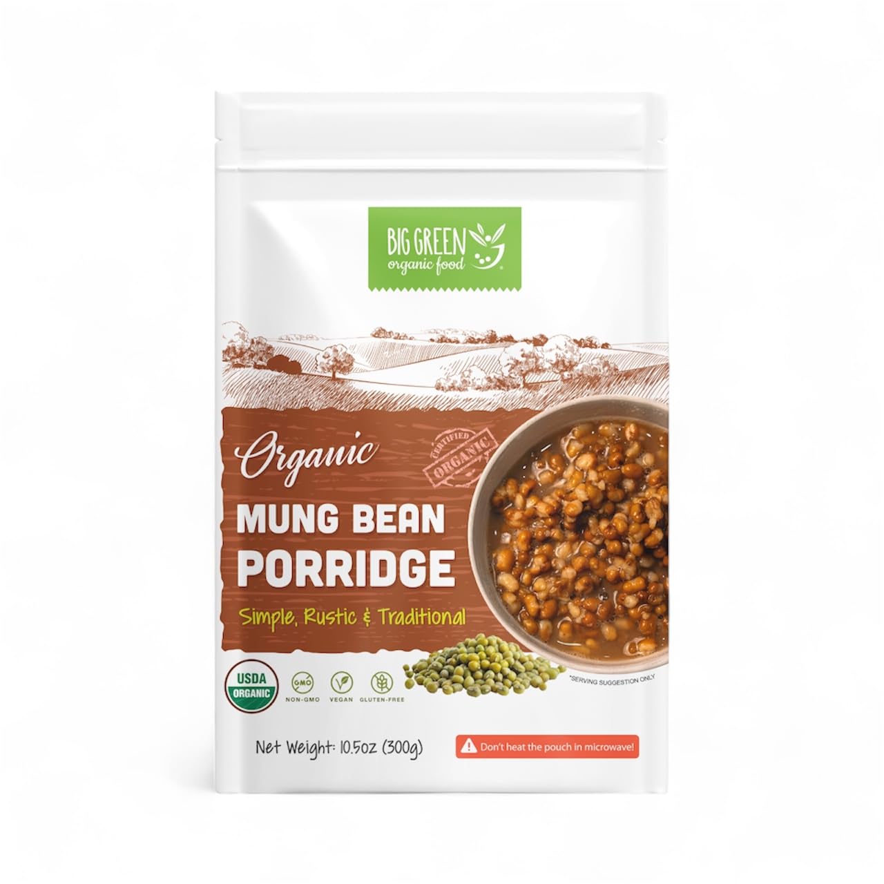 Big Green Organic Food - Organic Mung Bean Porridge, Unsweetened, Non-GMO, Gluten-Free, Vegan, Healthy Breakfast, Easy Instant Porridge Mix (1 Pack)