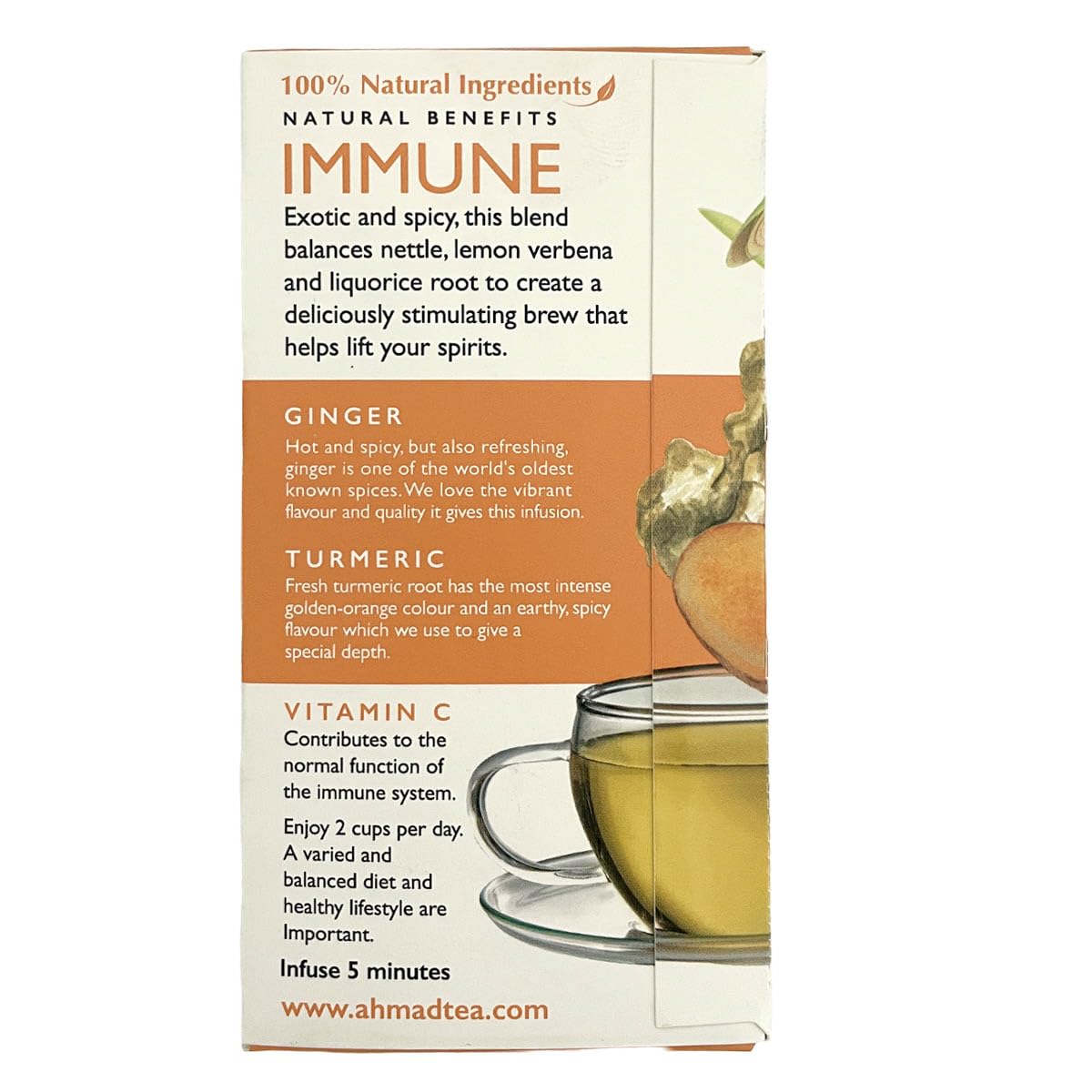 Ahmad Tea Herbal Tea, Lemon, Ginger, Turmeric, & Vitamin C 'Immune' Natural Benefits Teabags, 20 ct (Pack of 6) - Decaffeinated & Sugar-Free
