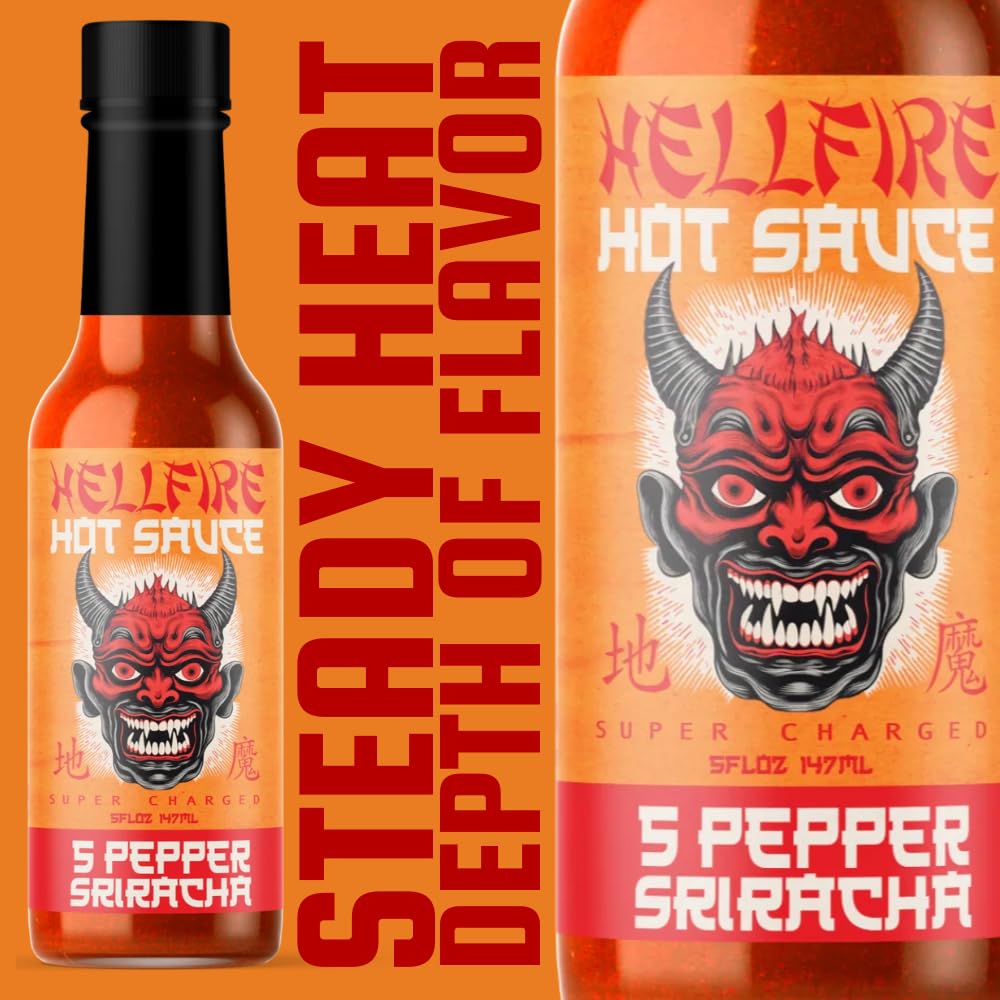 Hellfire 5-Pepper Sriracha Hot Sauce - Garlic-Forward, Smoky & Complex Flavor with Jalapeño, Cayenne, Habanero, Ghost Pepper & Carolina Reaper - 5oz