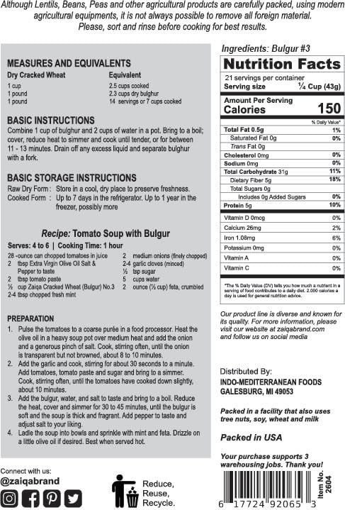 Zaiqa Bulgur Wheat #3 | Easy to Prepare, Delicious to Taste, 100% Whole Durum Wheat | Good for Nutritious Quick Side Dishes, Pilafs & Soups | Also a