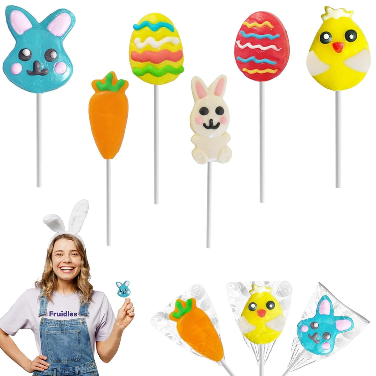 Happy Easter Variety Pack Lollipops Suckers, Colorful Easter Eggs, Yellow Bunny Rabbit, Orange Carrot Designs Fat-Free, Individually Wrapped Easter