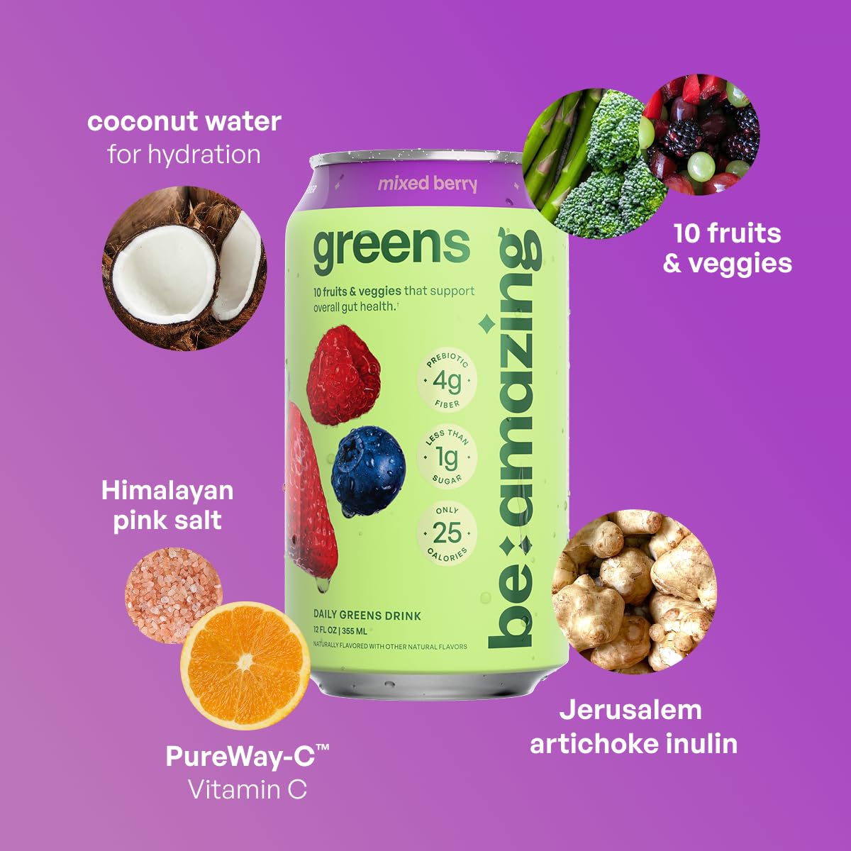 Be Amazing Greens Drink, Mixed Berry, Ready to Drink, 10 Organic Fruits & Vegetables, Coconut Water, Vitamin C, Prebiotic Fiber, 25 Calories, Low