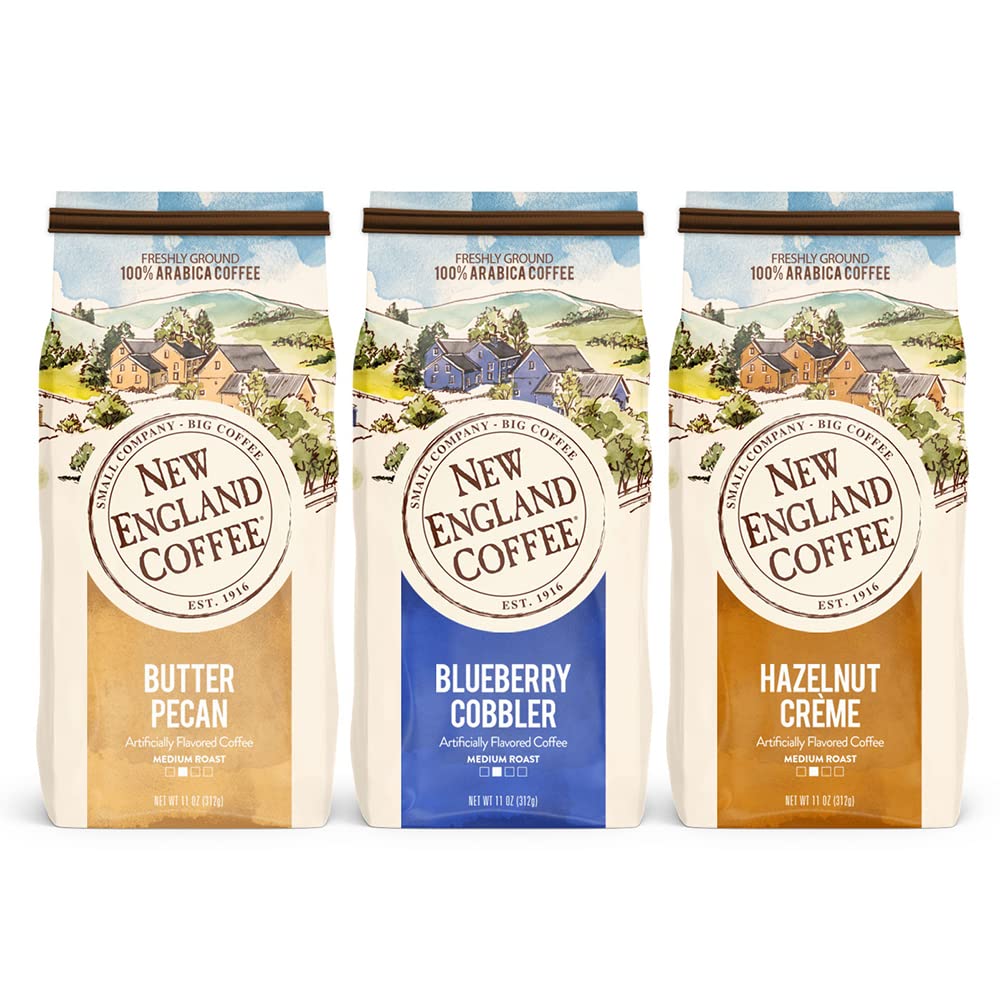 New England Coffee Variety Pack - Butter Pecan/Blueberry Cobbler/Hazelnut Creme, 11oz Bag (Pack of 3)
