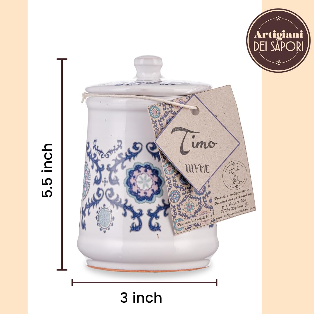 Dried Thyme in Italian ceramic jar, herbs and seasoning gifts, jars with spices included, product of Italy, 0.7 oz. Artigiani dei Sapori