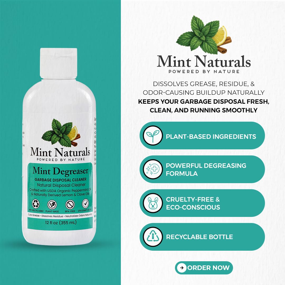 Mint Naturals Natural Garbage Disposal Cleaner & Deodorizer - USDA Organic Peppermint Oil Formula That Helps Refresh Sink & Drain Pipes, 12 oz - Made
