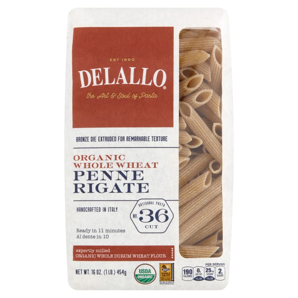 DeLallo Organic Whole Wheat Penne Rigate Pasta, 1lb Box, 16-Pack