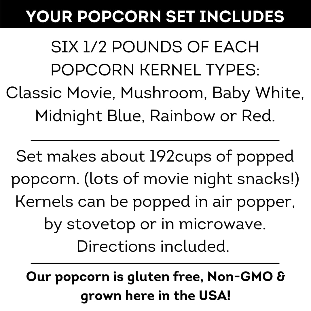 Dell Cove Spices Gourmet Popcorn Kernel 6-Pack Variety Gift Set | Six Pack of Heirloom Kernels for Game Days and Movie Nights