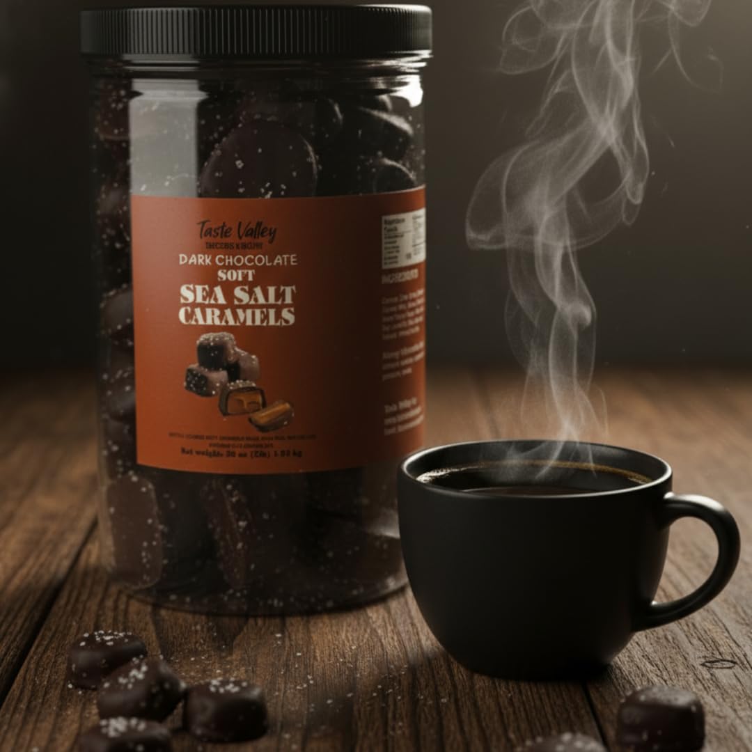 Taste Valley Dark Chocolate Sea Salt Caramels - 36 oz Bulk Resealable Jar - Soft & Chewy Gourmet Candy - Rich & Decadent Treats for Holidays, Gifts