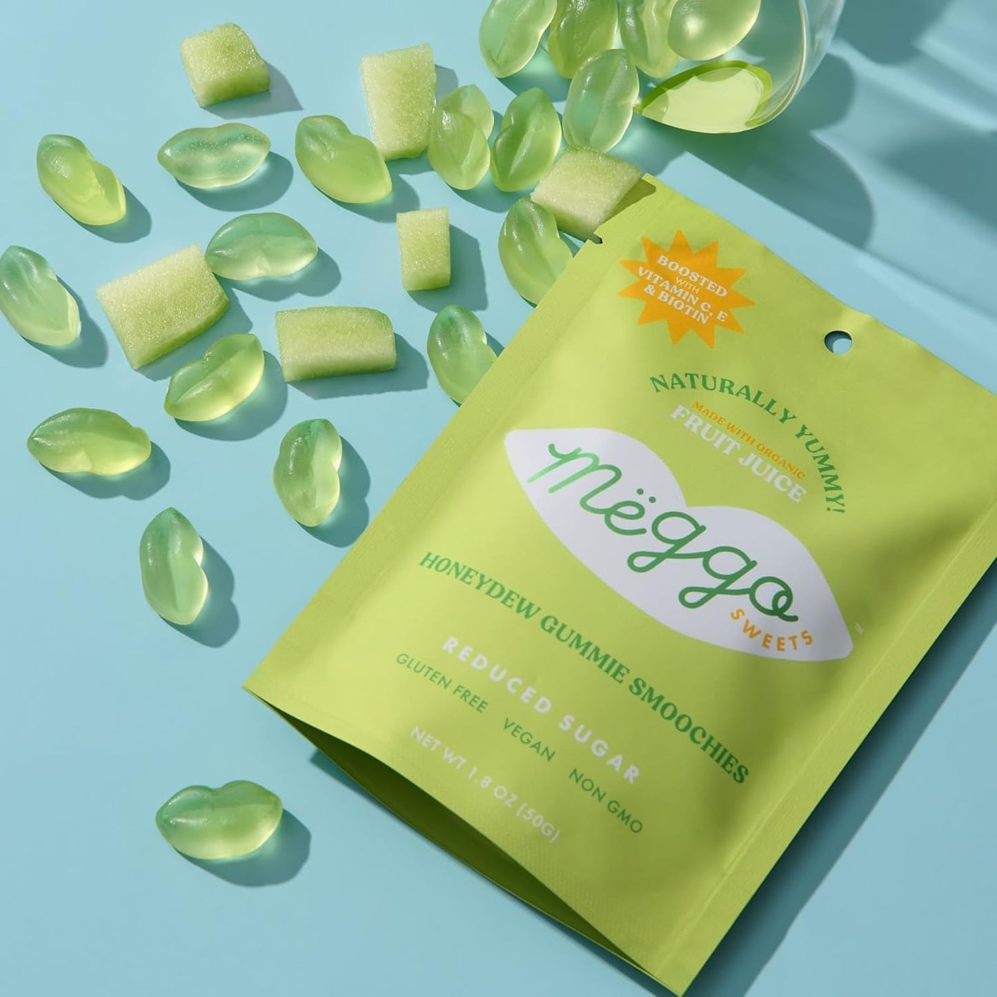 Meggo Sweets Gummie Smoochies Variety Pack - Organic Gummy Candy, Low Sugar, Gluten Free, Vegan, Non GMO, Peach, Honeydew & Sour Strawberry, Boosted