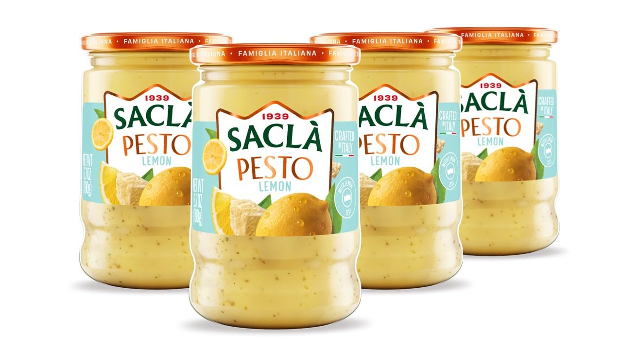 SACLA Lemon Pesto 4-Pack | Bright & Citrusy Italian Pesto Sauce with Lemon Zest & Almonds | FOUR 6.7 oz Jars - Non-GMO, Vegetarian | Imported from