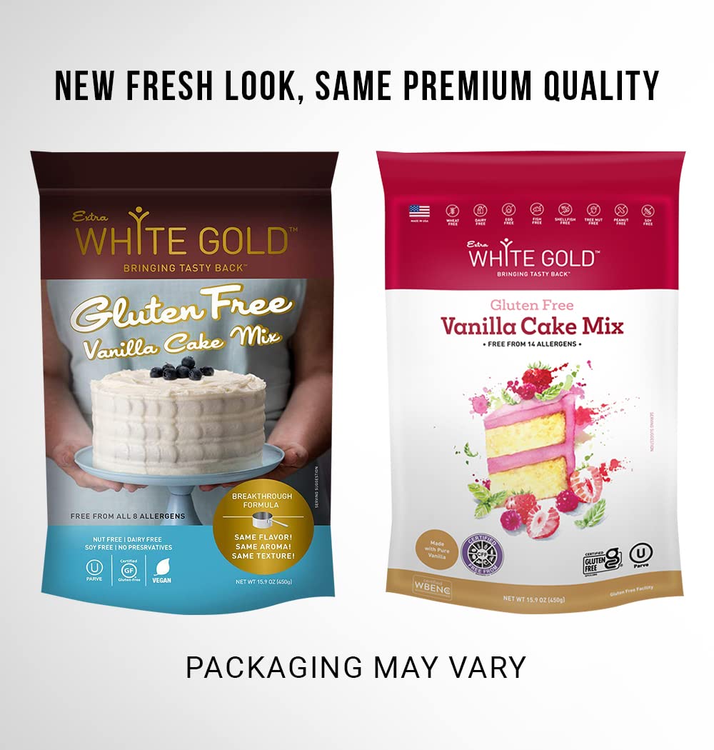 Extra White Gold Vanilla Cake Mix - For Baking Cakes Cupcakes Desserts - [Gluten Free] [Nut Free] [Free of the Top 14 Major Allergens] - 15.9 Ounces