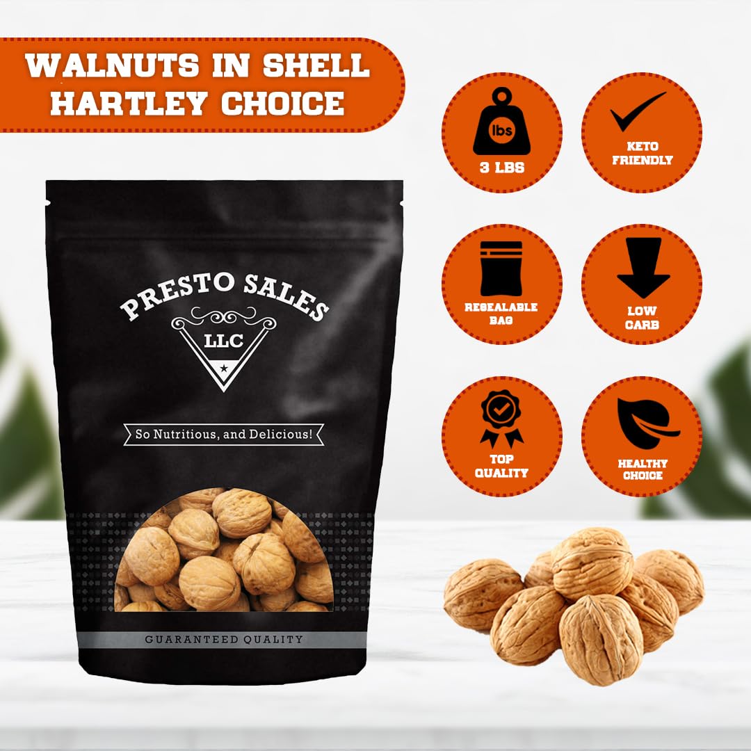 Presto Sales Walnuts “Current New Crop" In Shell Huge Hartley Choice Nut, Grown in California - Packed in a 3 lbs (48 oz.) Resealable Pouch Bag