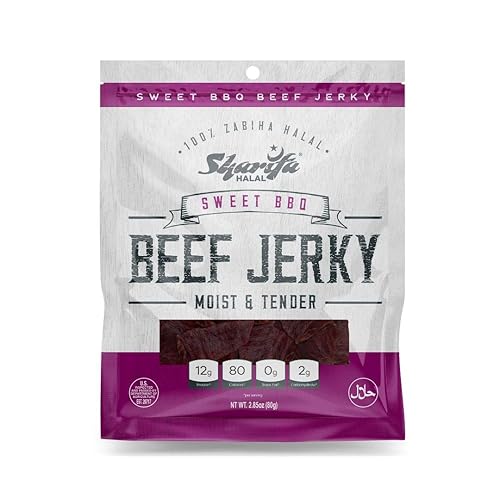 Sharifa Halal Beef Jerky, Sweet BBQ, (1) 2.85 oz. Bag - Great Everyday Halal Jerky Beef Meat Snack, 100 % Real Zabiha Halal Beef, 12g of Protein, 80