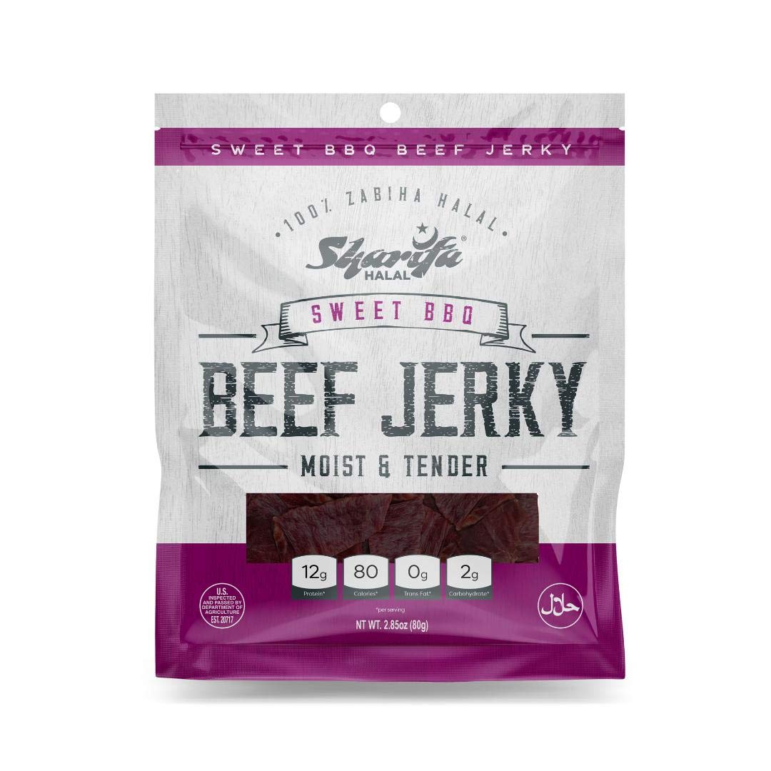 Sharifa Halal Beef Jerky, Sweet BBQ, (1) 2.85 oz. Bag - Great Everyday Halal Jerky Beef Meat Snack, 100 % Real Zabiha Halal Beef, 12g of Protein, 80