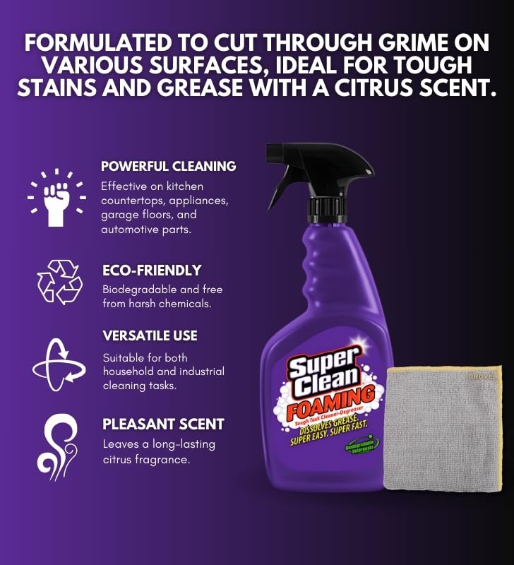 Super Clean Citrus Scent Foaming Cleaner and Degreaser Spray 32 oz Bundle with Microfiber Cloth - Heavy Duty Degreaser for Kitchen, Oil, Grime