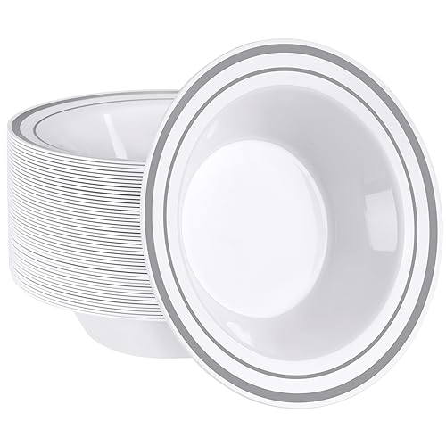 SETUP [12 oz. - 50 Piece Dessert Soup Bowls with Silver Rim, Plastic Bowls Disposable - Premium Heavy-Duty Disposable Soup Bowls for Party, Wedding